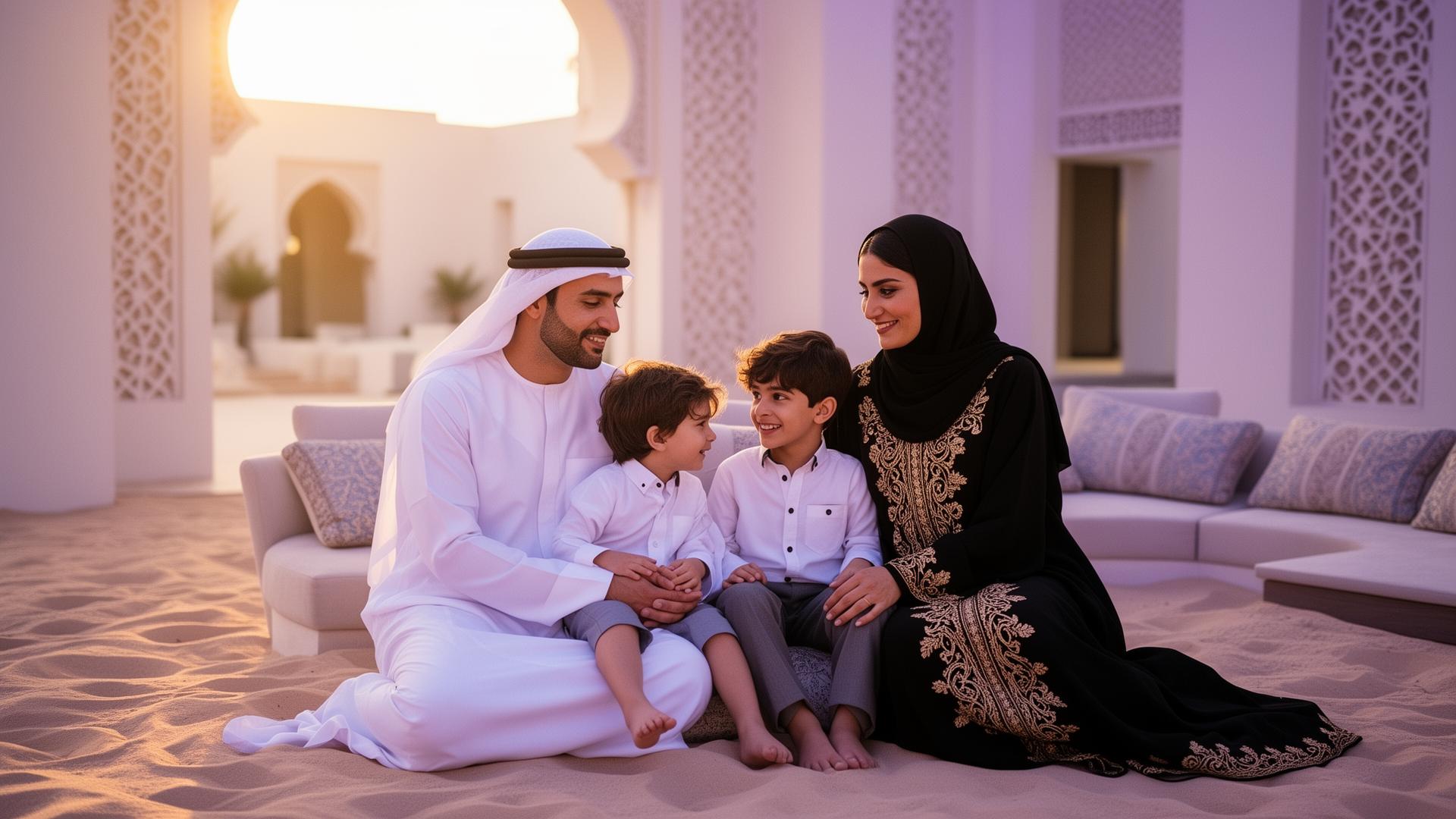 A modern Emirati family in a luxurious villa majlis at golden hour