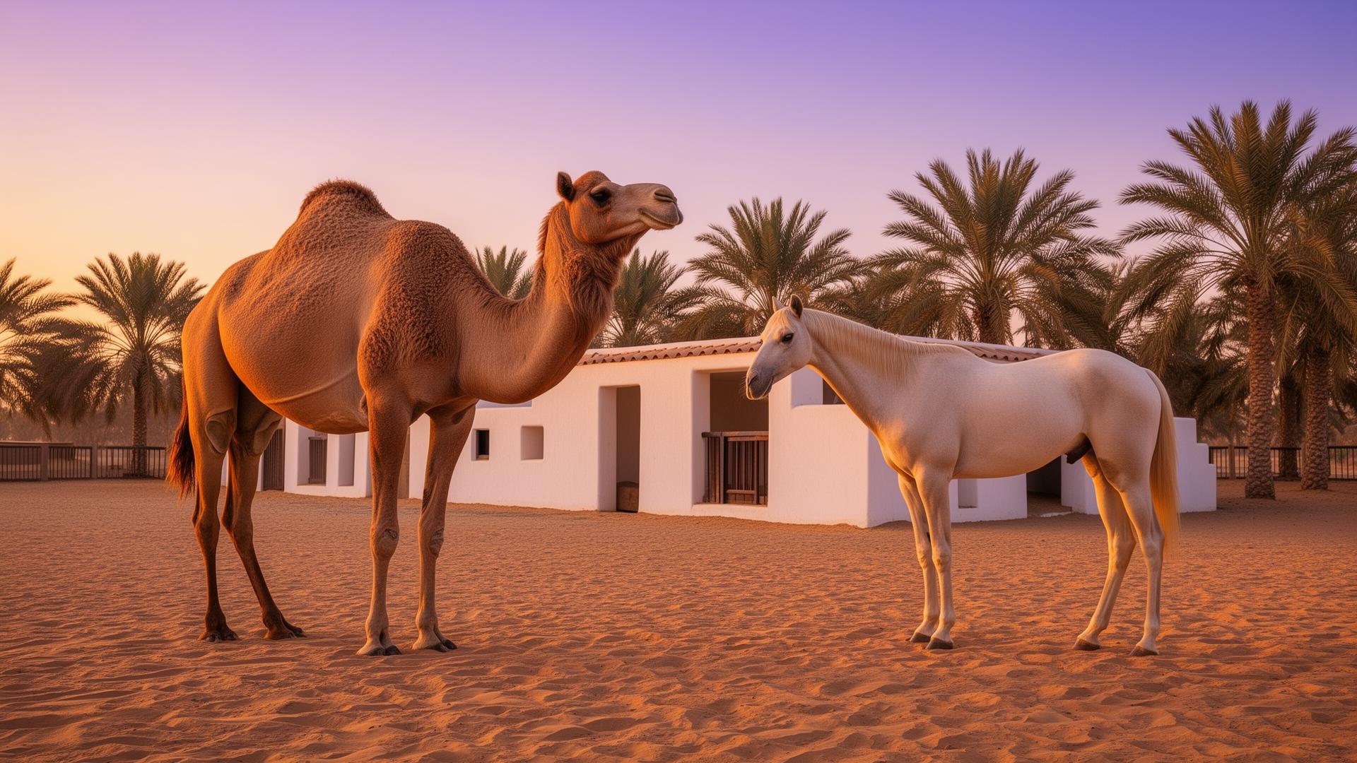 A camel and Arabian horse at a private Emirati farm